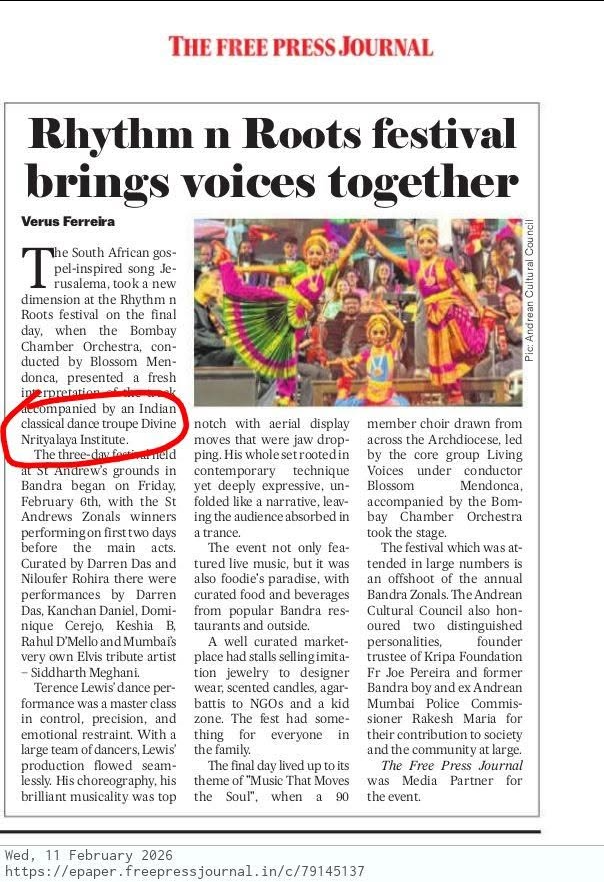 Free Press Journal article featuring Divine Nrityalaya